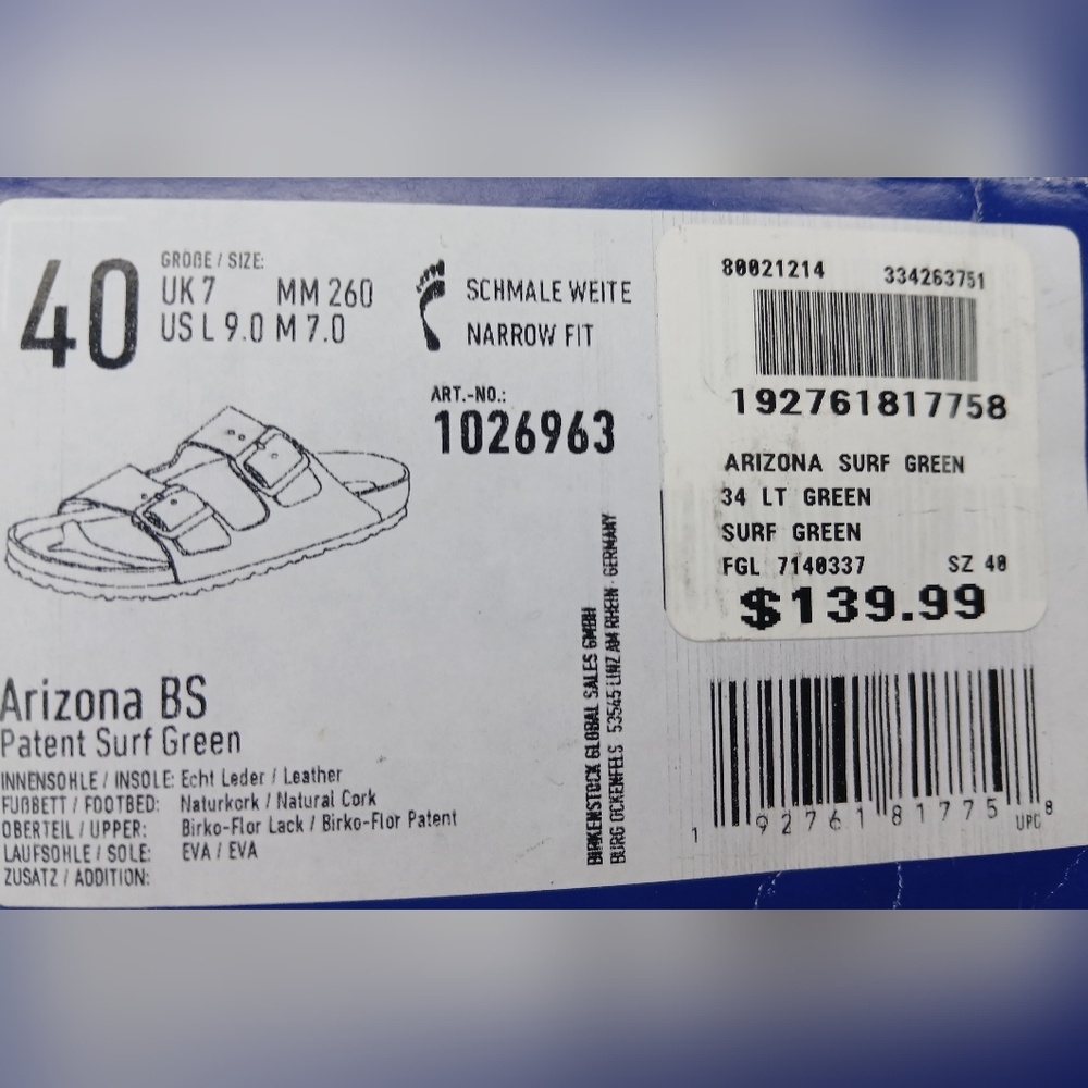 BIRKENSTOCK Arizona Patent Surf Green Sz 40 US 9.5 Medium/Narrow width - Picture 9 of 9